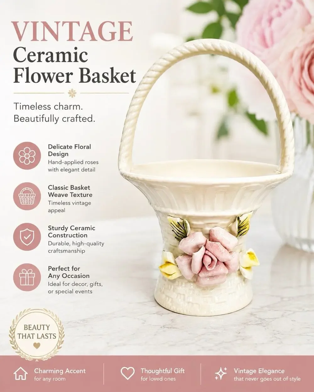 Vintage Porcelain Rose Flower Basket Italy Italian